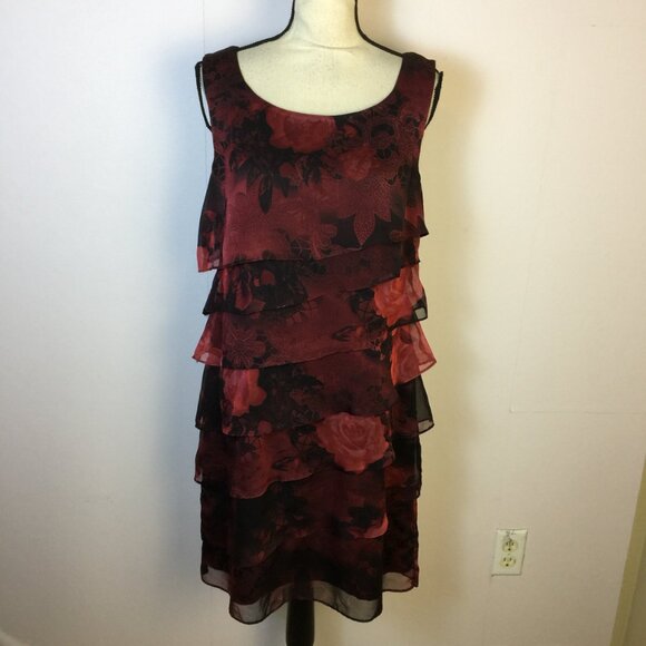 Connected Apparel Dress Size 12 Womans Black Red Floral Tiered Ruffle Sleeveless - Picture 1 of 13